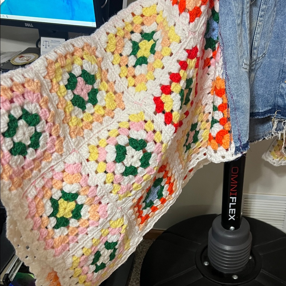 Free People Cropped Denim Jacket with Crochet Multicolor Sleeves - Picture 3 of 5